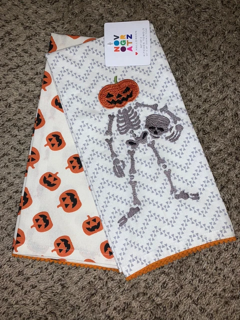 NOVOGRATZ Halloween SKELETON Kitchen Dish TOWELS Thanksgiving Set Of 2 NWT
