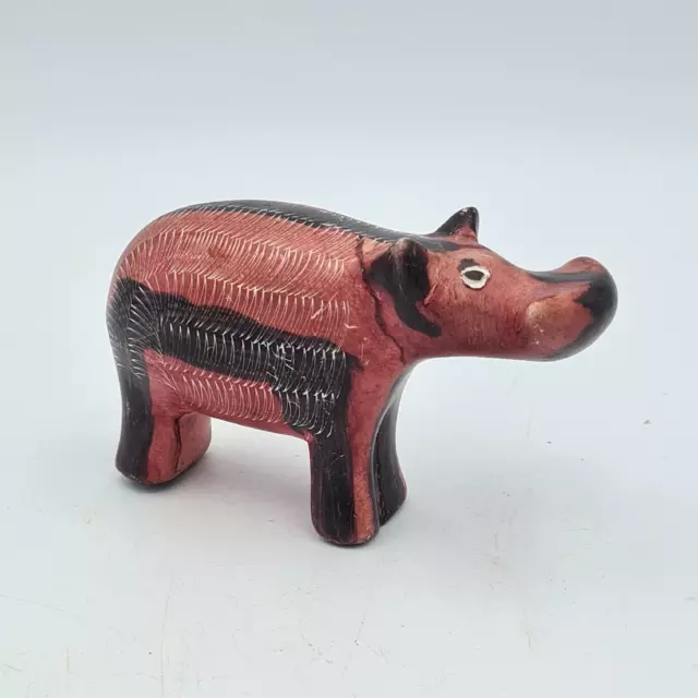 Hand Carved Pink & Black Soapstone Hippo 4.25" Artist signed - Rift Valley Kenya