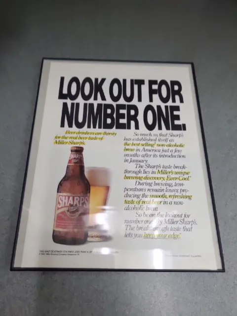 1990 FRAMED Miller Sharp's Beer Ad - Look Out for Number One 8.5 X 11 Man Cave
