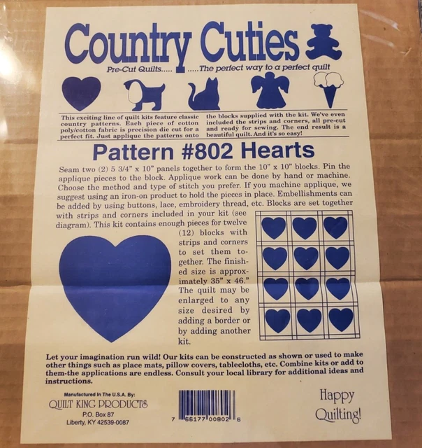 Patrón de Edredón #802 Corazones - Nuevo, contiene suficientes piezas para 12 bloques/tiras/cnr