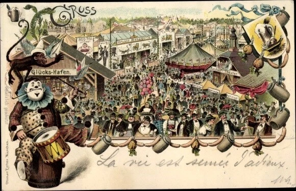 Litho München Bayern, Oktoberfest, Fahrgeschäfte, Glückshafen - 10542663