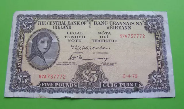 1973 Irish Five Pound Banknote Old Ireland £5 Note Lady Lavery Holed Lucky Seven