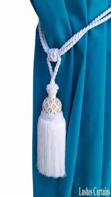 White Decorative Window Curtain Drape Wood/Tassel Rope/Cord Tie Back Holdback
