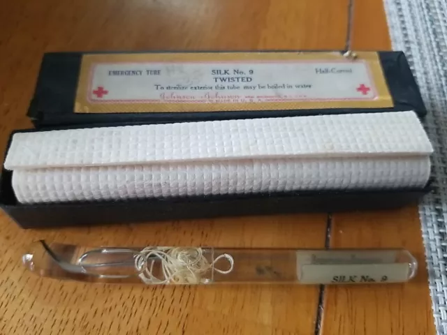 Vintage Twisted Silk No. 9 Sutures Glass Vial Ampule Surgical Kit J&J Emergency