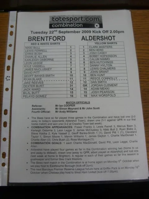 22/09/2009 Brentford Reserves v Aldershot Reserves  (Black & White Single Sheet)