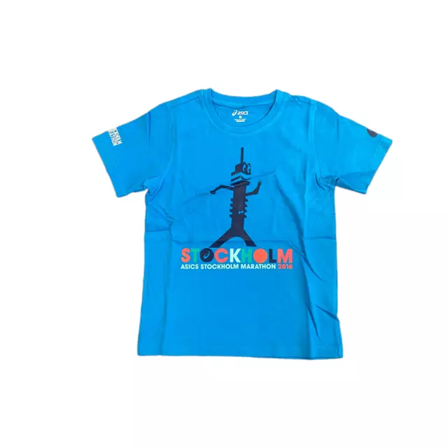 T-shirt souvenir Asics bambino (taglia 9-10y) blu maratona di Stoccolma - nuova