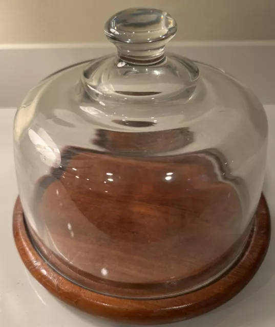 Gailstyn-Sutton Glass Domed Cheese Dish w Teak Wood Base