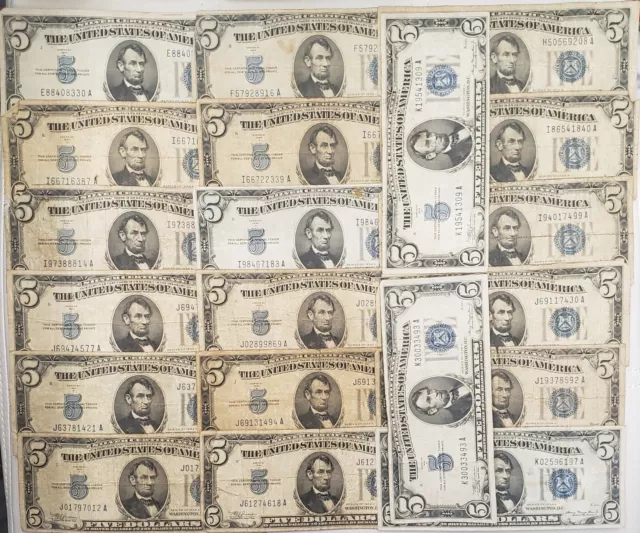LOT OF 20 $5 1934A LINCOLN HEAD BLUE SEAL DOLLARS (SILVER CERTIFICATES) Fr#:1651