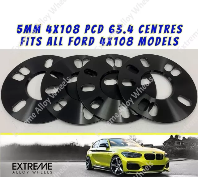 Fits Ford Wheel Spacers 5mm Capri Escort Black Alloy Hub Centric 4x108 63.4 x 4