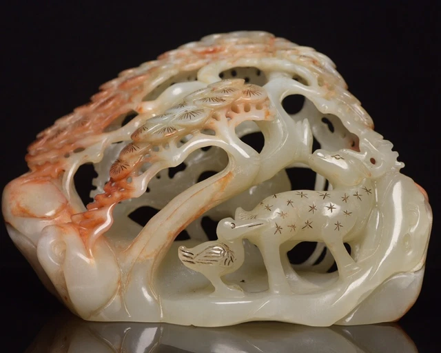 Chinese Exquisite Handmade Pine deer Carving Hetian Jade Statue