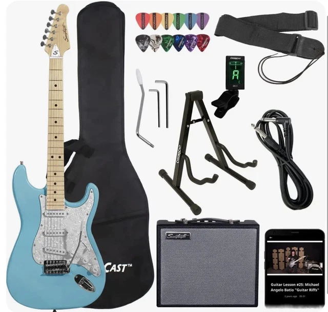 Sawtooth Daphne Blue Electric Guitar W/Pearl White Pickguard, Accessories, Amp +
