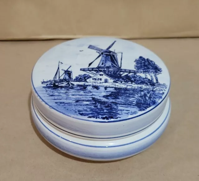 Delft Blue 5” Round Trinket Box Lidded Dish Hand Painted Made in Holland