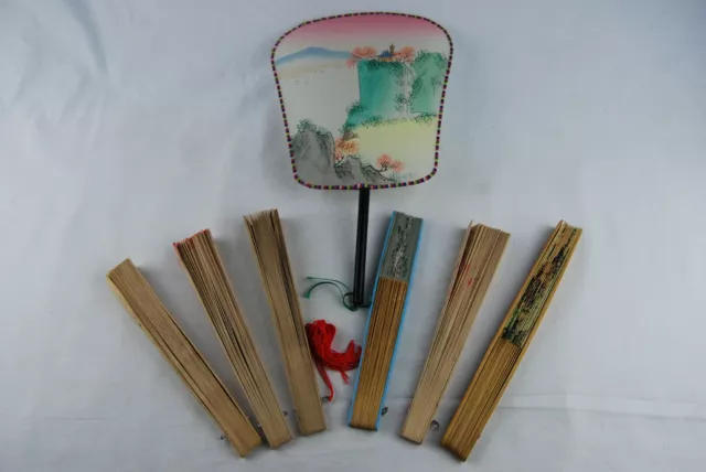 Vtg Japanese Chinese PAPER & WOOD Folding Hand Fan Hand Painted Floral Lot Of 7