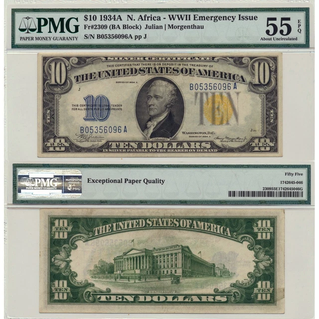 $10 1934A N. Africa WWII Emergency Issue Fr#2309 PMG Certified AU55 EPQ Paper