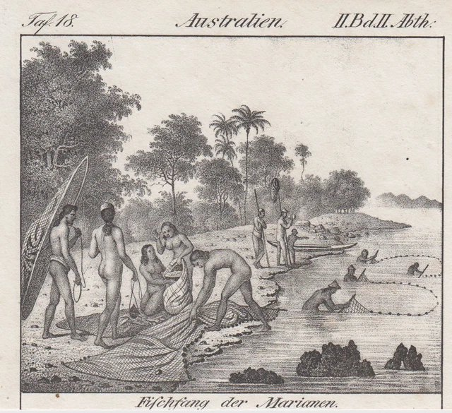 Marianen Ethnologie Pesca Original Litografía Völkergalerie 1840