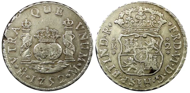 Mexico SPANISH COLONY Ferdinand VI Silver 1752 M 2 Reales ch.VF KM# 86.1 (244)