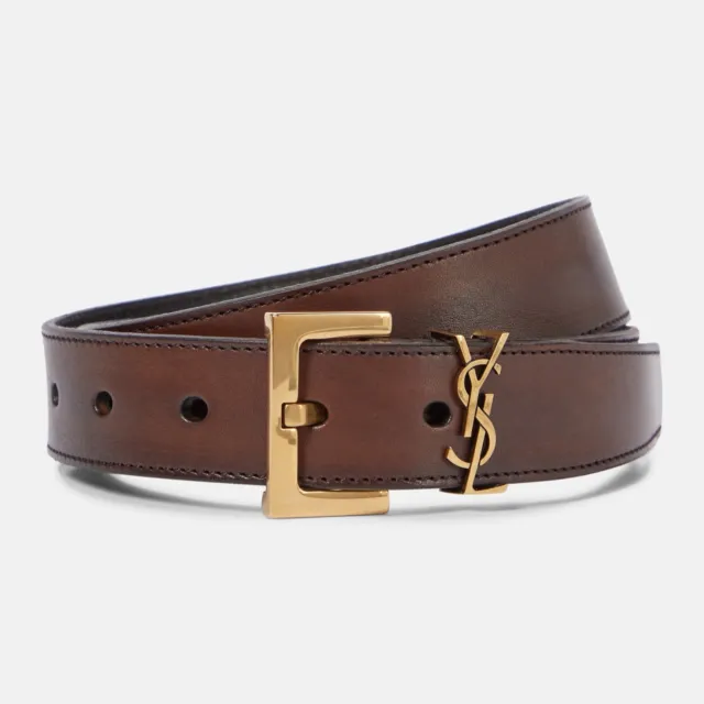SAINT LAURENT Cassandre YSL Monogram Leather Belt in Burnt Brown Size 70