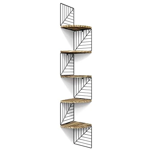 Corner Shelf Wall Mount of 5 Tier Rustic Wood Floating Carbonized Black
