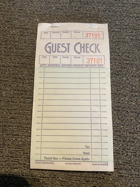 Sysco Classic Guest Check Checks Restaurant 1 Part Bill 10 pack Books Pack sheet