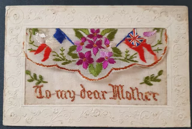 WW1 Embroidered Silk Postcard - To My Dear Mother - Remembrance - Allied Flags