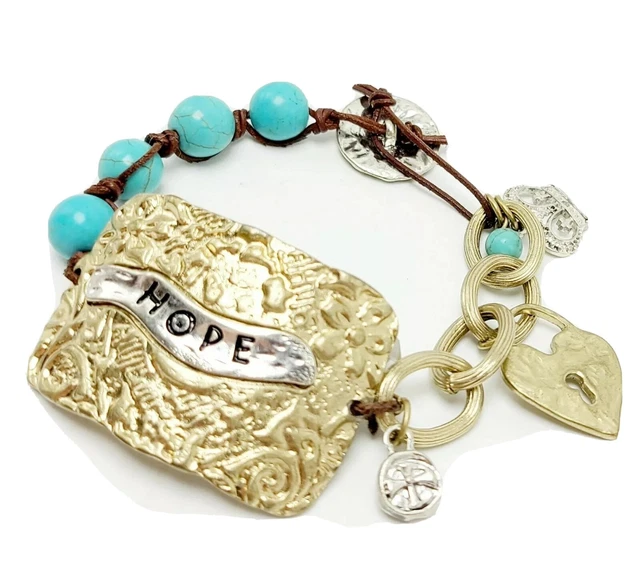 Hope Bracelet Hammered Plate Turquoise Beads Chain W/ Charms Leather Rope