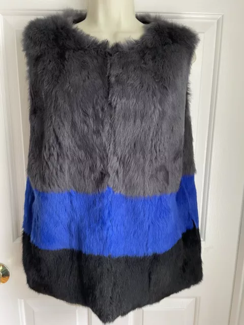 Jocelyn M Genuine Rabbit Fur Vest Grey Black Royal Blue Colorblock