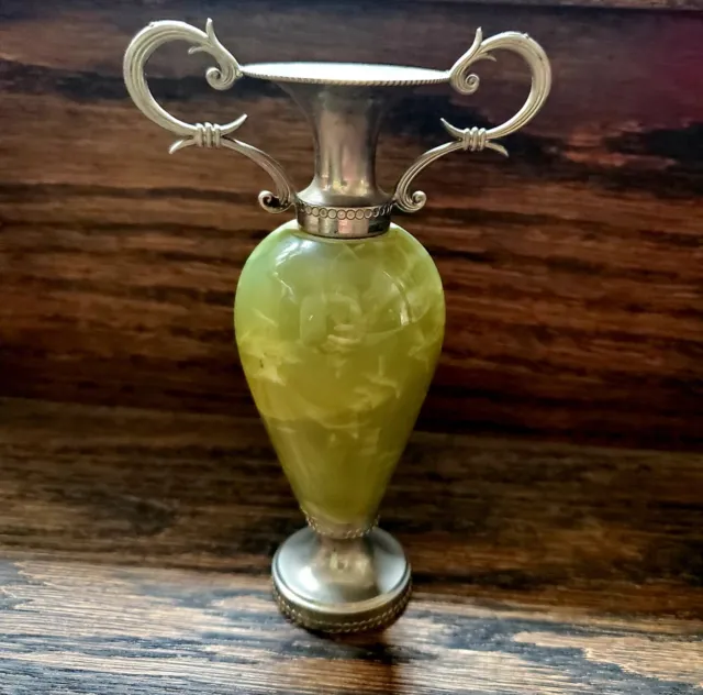 Jade Stone And Silver Vintage Petite 5" Candlestick / Vase Beautiful!