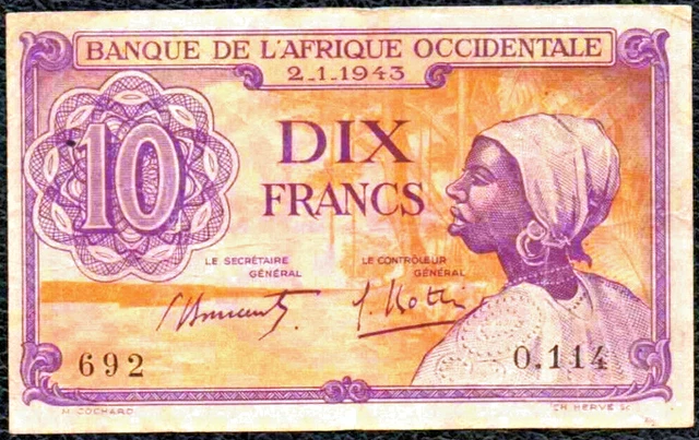 French West Africa 10 Francs 1943 P-29 VF Rare