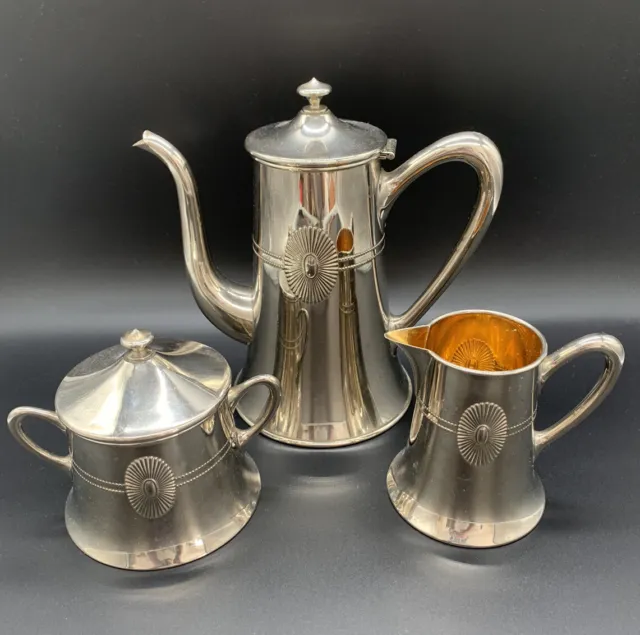 WMF Art Nouveau Jugendstil 3 Teile Kaffeekern Kanne Milch und Zucker um 1900
