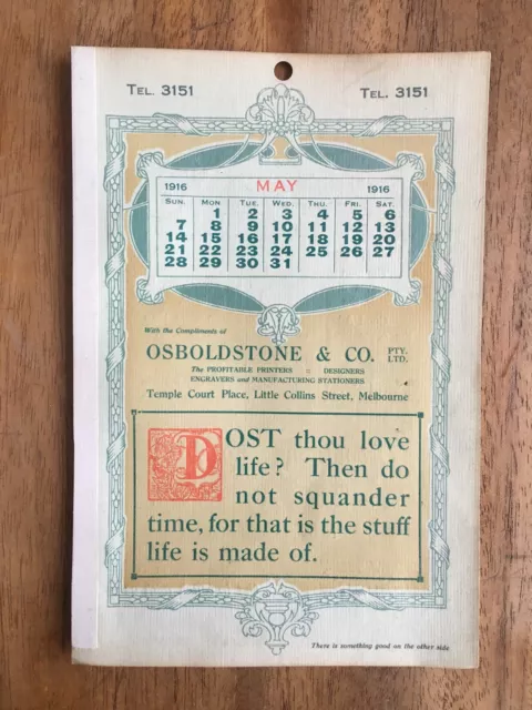 Antique May 1916 Calendar Osboldstone & Co Melbourne Printer Art Nouveau
