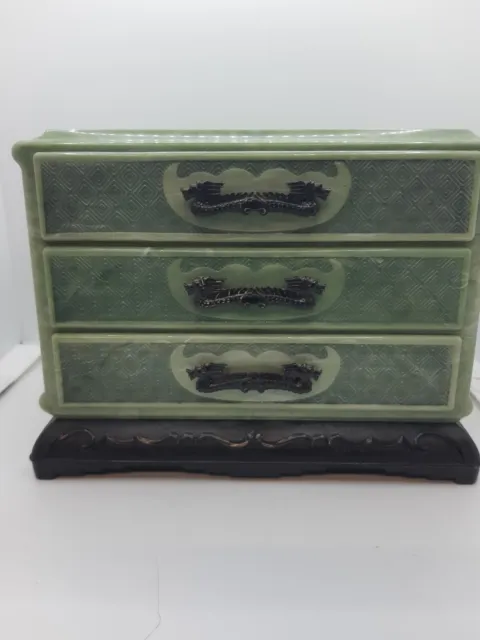 Vintage Faux Green Jade Asian Jewelry Box 3 Drawer Dragon Pulls Celluloid