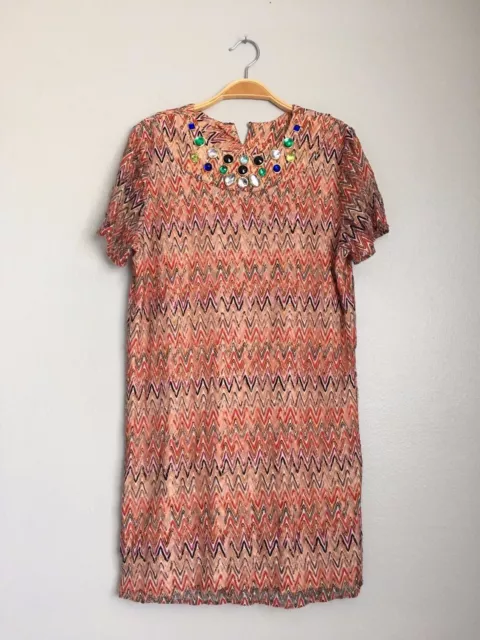 TBAGS Los Angeles Short Sleeve Printed Stone Beaded Dress Rust Red M $178