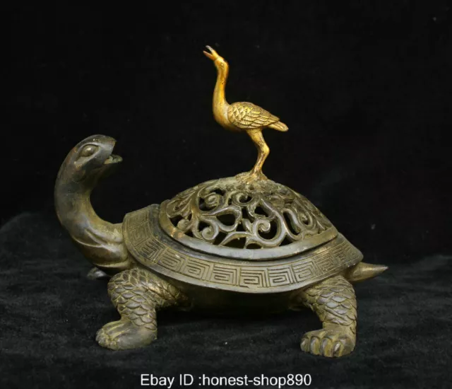 Chinese Folk Fengshui Bronze Gild Turtle Crane Statue Incense Burner Censer