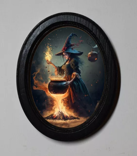 Halloween Black Oval Wooden Framed Picture Gothic Wall Hanging Cauldron Bubble
