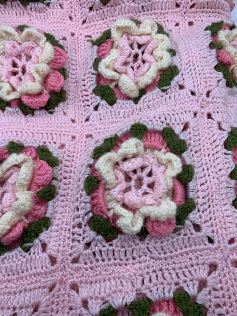 Handmade Crochet 3D Pink Rose Granny Afghan Throw Blanket Nursery ￼ Romance