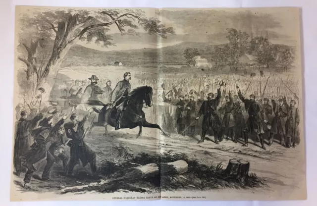 1862 magazine engraving~14x21~GENERAL McCLELLAN TAKING LEAVE Civil War