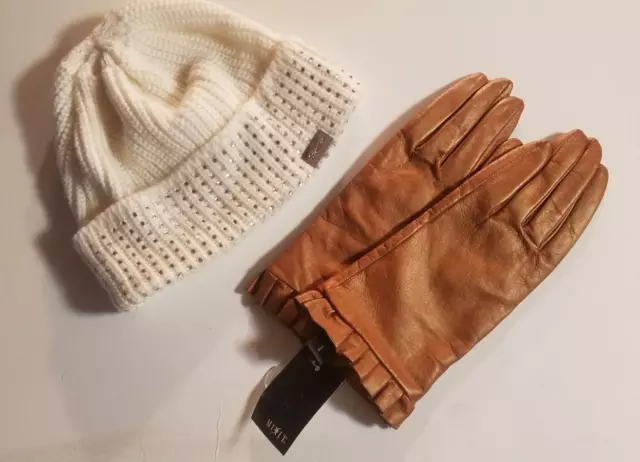 Nwt Mixit Copper Soft Ruffle Leather Lined Women's Gloves Size Large + Ck Beanie