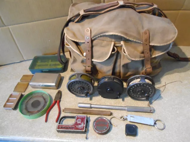 Vintage Fly Fishing Kit  with 3x reels  fly storage box  with  flies bag  bundle