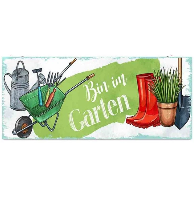 BLECHSCHILD, SCHILD, BIN im Garten, Wandschild mit Gartengeräten 13x31