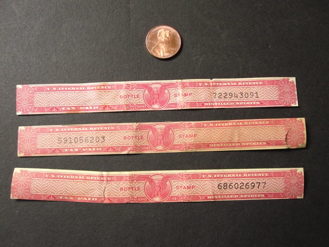 vTg US Federal Revenue Tax Paid Bottle Stamps Distilled Spirits strips x3 USIR