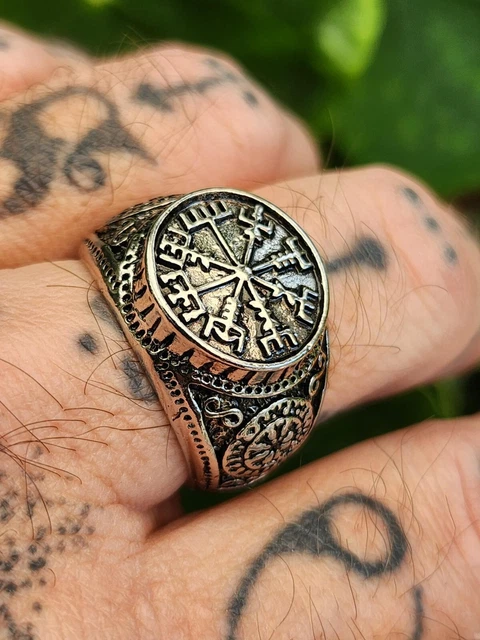 VIKING RING VEGVISIR Rune Compass Norse Nordic Celtic Silver Tone ...