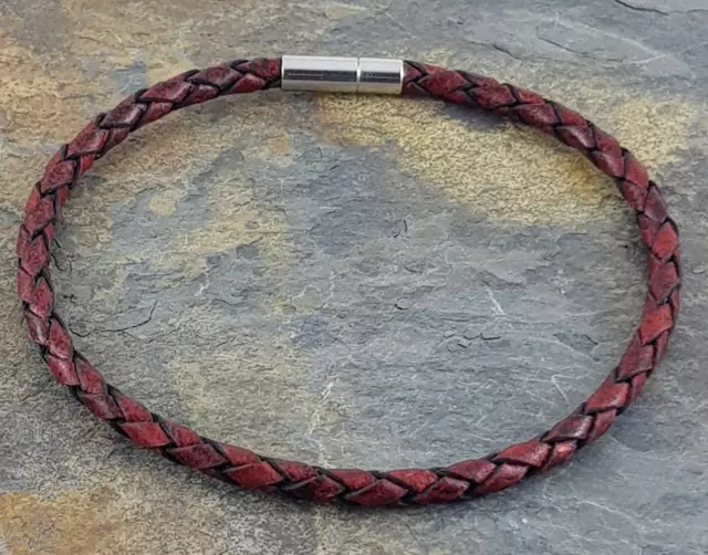 Rojo Oscuro Y Negro Fleck Pulsera de Cuero 4MM Redondo Diámetro De