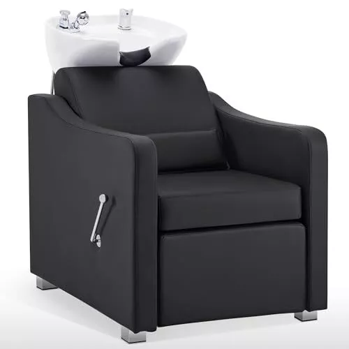 BarberPub Backwash Shampoo Station Chair, Adjustable Ceramic Hair Wash Bowl 9364