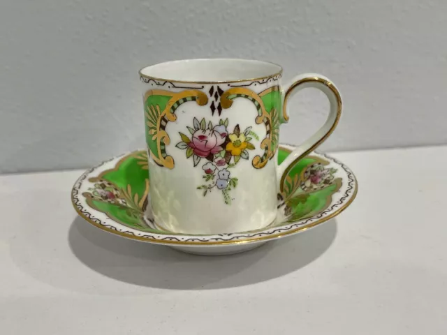 Vintage Samuel Radfrod Fenton Porcelain Demitasse Cup & Saucer Green Floral Dec.