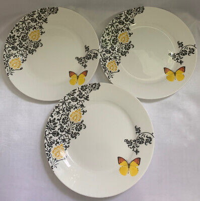 Gracie Bone China Set Of 3 Vintage Black Filigree Yellow Floral Butterfly Plates