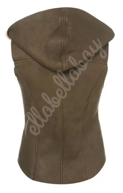 TOPSHOP Genuine Shearling Leather Sheepskin Hooded Biker Gilet Bodywarmer UK6 8 2