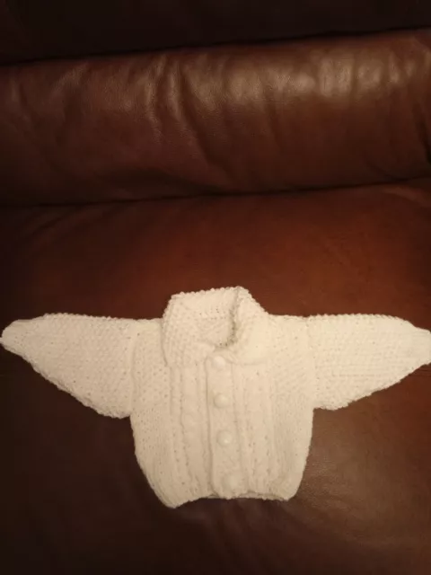 Brand New Hand Knitted Baby Boys White  Aran Cardigan With Collar