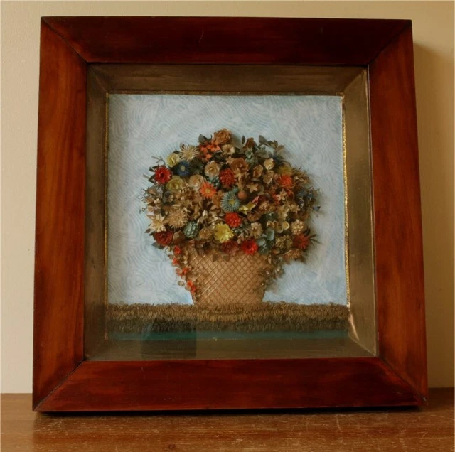 Antik Folk Kunst Papier Korb Von Blumen Diorama. 19th Jahrhundert Gerahmt IN Box