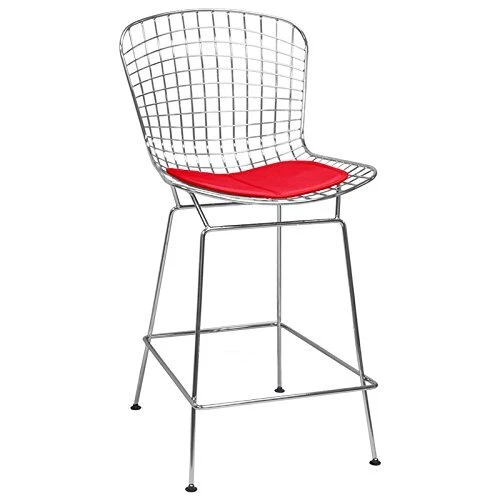 Mod Made Mid Century Modern Chrome Wire Barstool for Bar or Kitchen Red