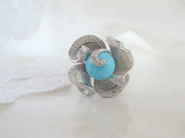 Sterling Silver 925 Robins Egg Blue Turquoise Diamond Flower Ring